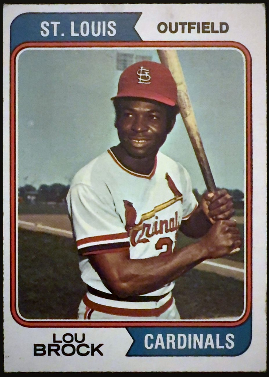 Lou Brock, 1974 Topps, raw: a collector’s own photograph of his own card, shown with his permission.