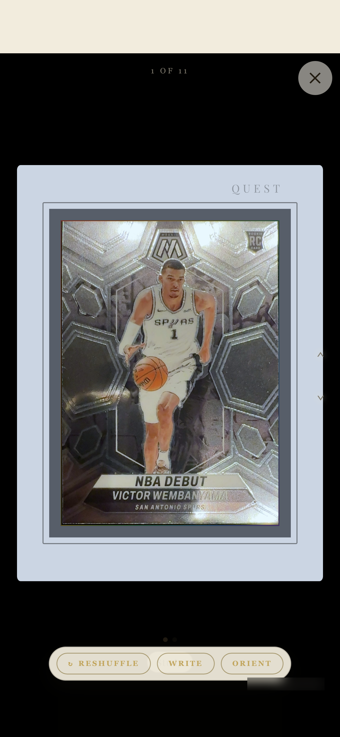 A Stack card open full screen in Quest: a Mosaic NBA Debut Victor Wembanyama in a framed mount, card 1 of 11.
