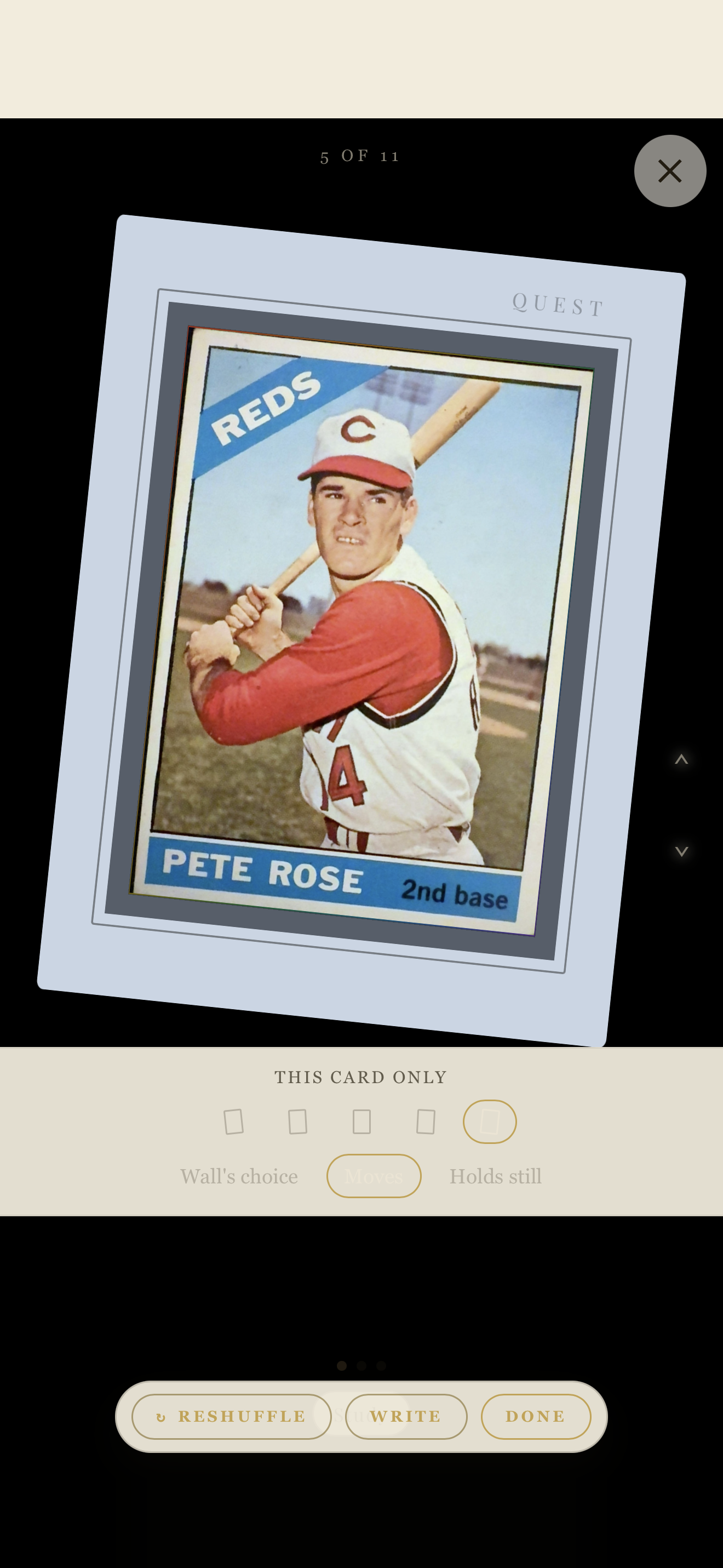 A Stack card open full screen in Quest: a 1966 Topps Pete Rose in a framed mount, card 5 of 11.