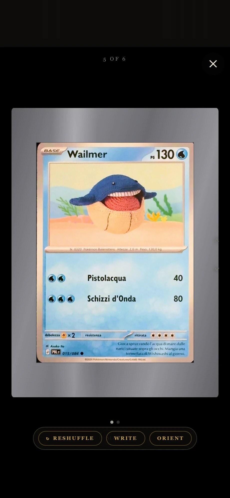 A Stack card open full screen in Quest: a Wailmer from the Pokémon TCG Base set, Italian edition, card 015/084, in a framed mount.