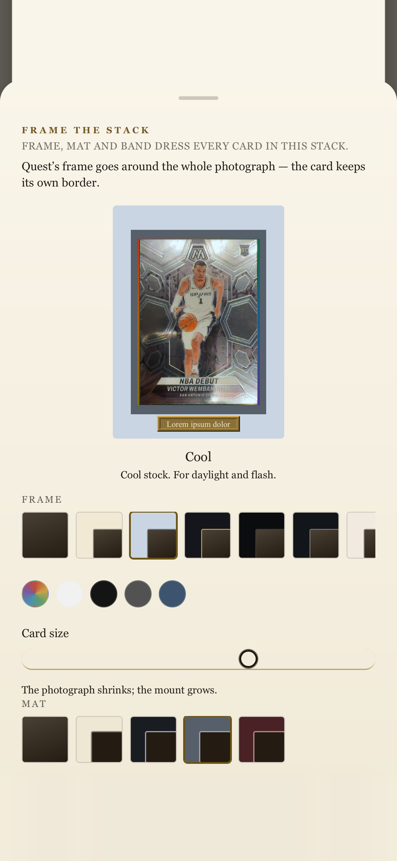 Quest’s Frame the Stack sheet: a card in a cool frame and slate mat with a gold band, and rows of frame, colour, card size and mat choices.