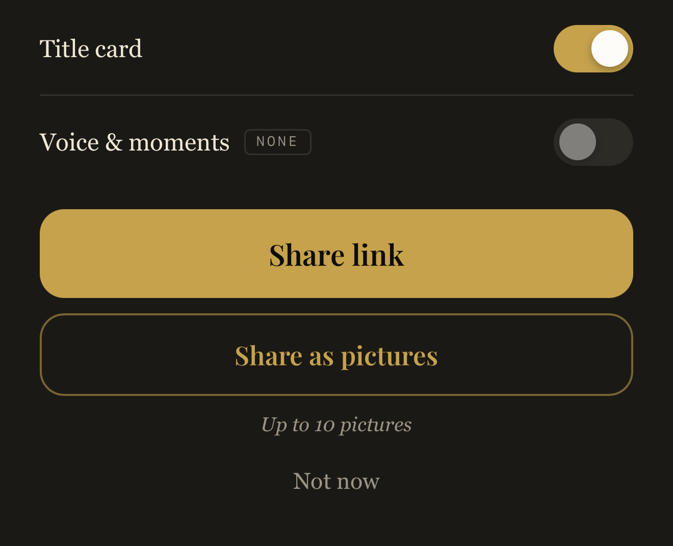 Quest’s share controls for a Stack: Title card and Voice & moments switches, a Share link button, Share as pictures, up to 10 pictures, and Not now.