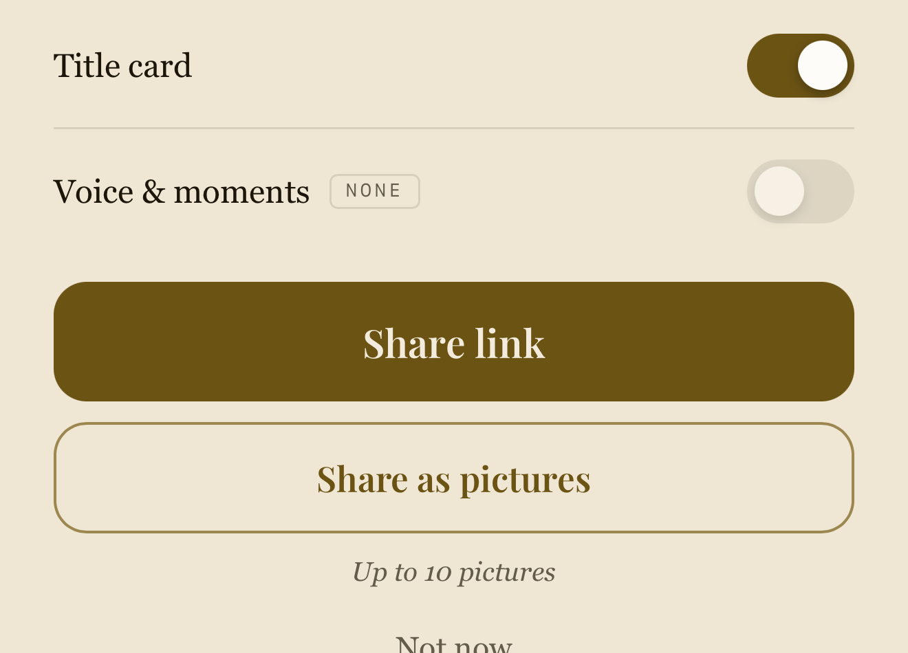 Quest’s share controls for a Stack: Title card and Voice & moments switches, a Share link button, Share as pictures, up to 10 pictures, and Not now.