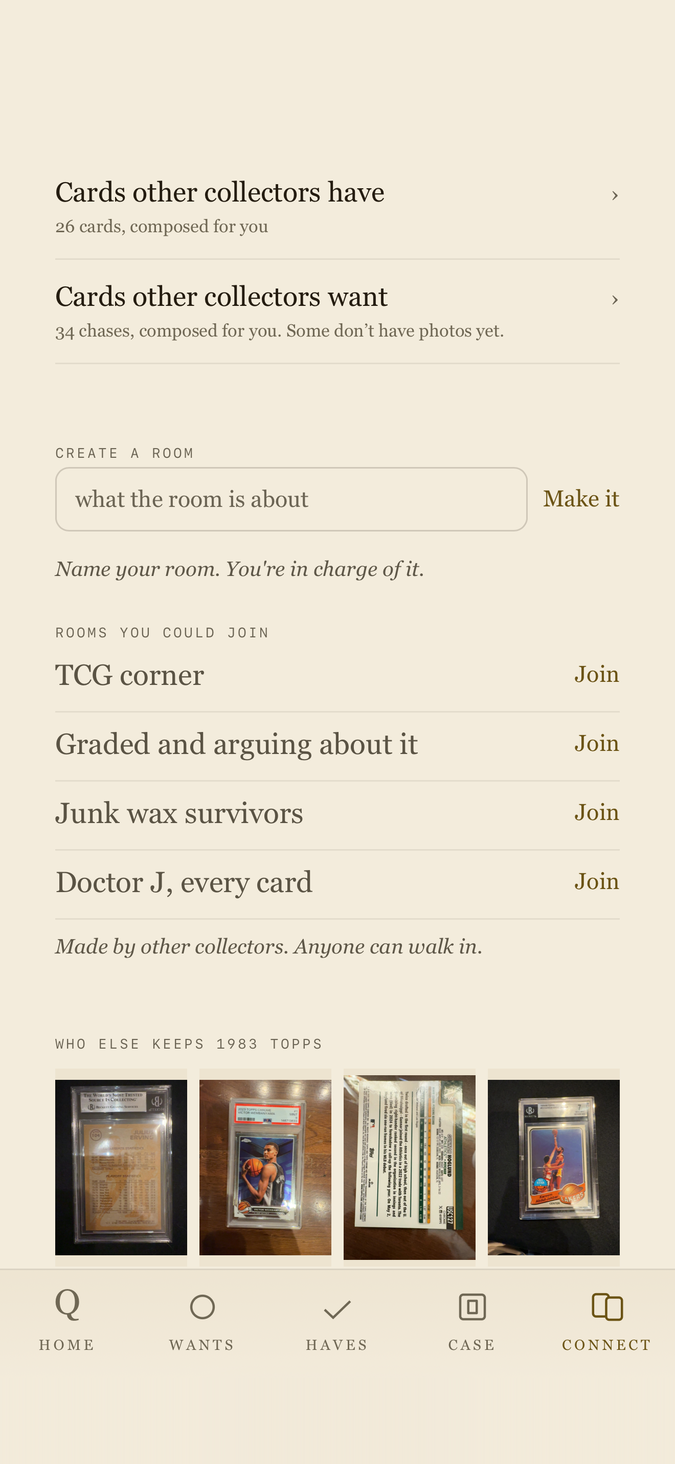 Connect screen, light: cards other collectors have and want, and public rooms.