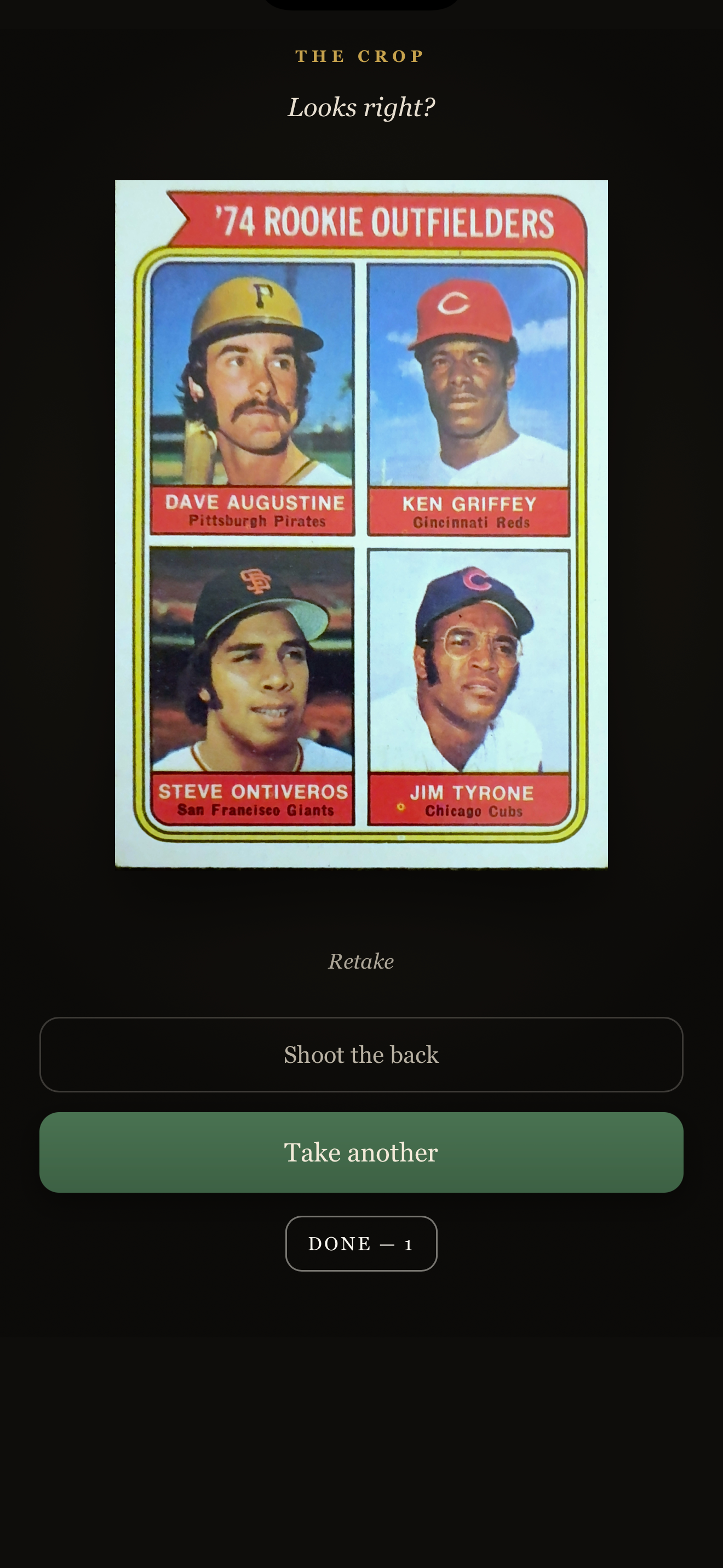 A full phone screenshot of Quest&rsquo;s Lexi reading four cards: 1974 Topps #598 Rookie Outfielders with Ken Griffey, showing the Check screen where Lexi identifies the card and the collector decides Accept, Fix, or Reject.