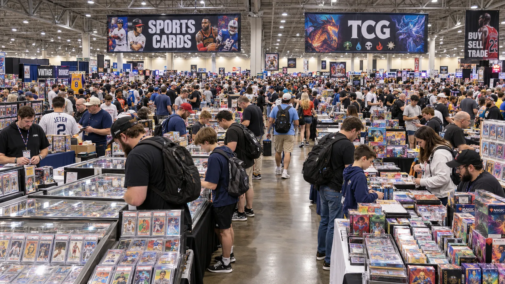 Collectors browsing tables of cards at a sports card show.