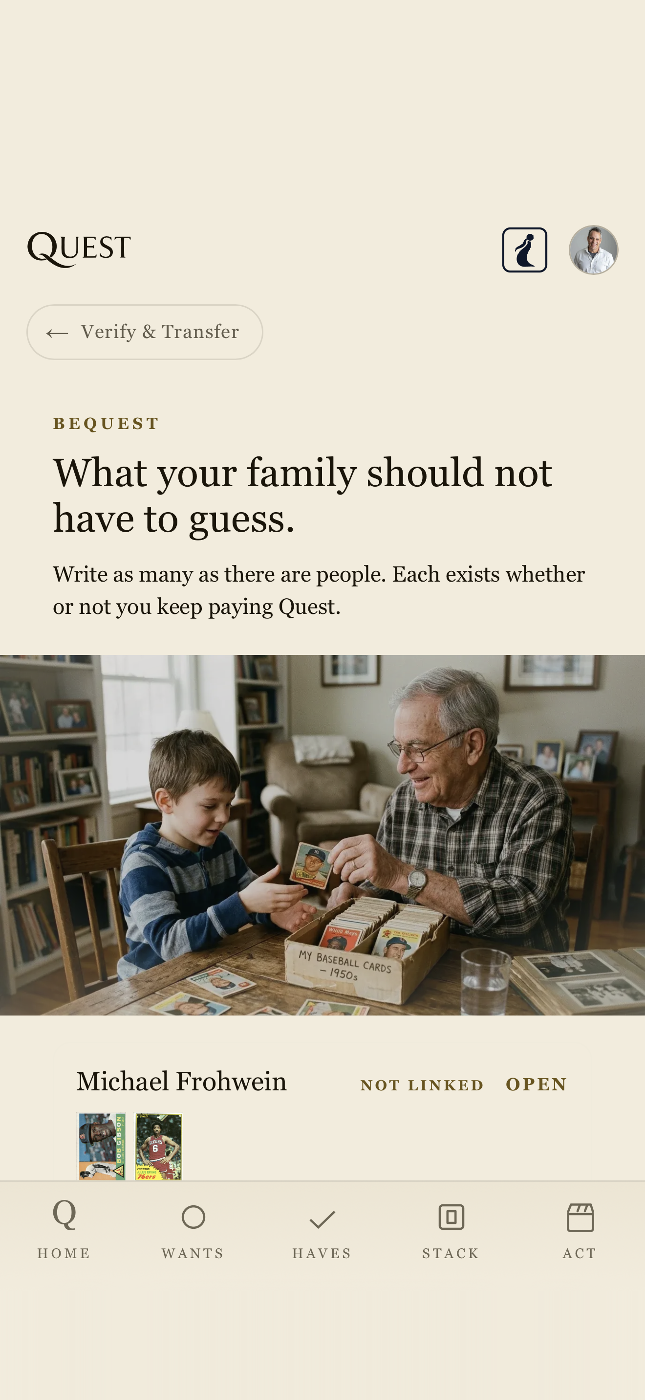 beQuest screen, light: who gets which cards, and what you would want them to know.