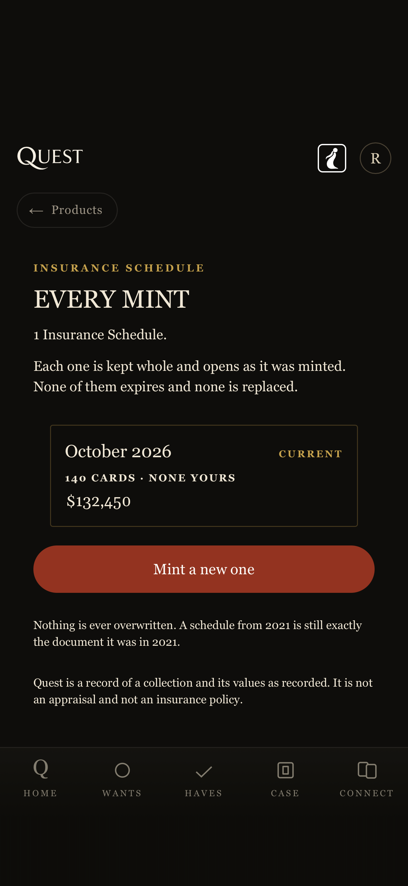 A full phone screenshot of a demo Insurance Schedule in Quest: October 2026, current, 140 cards, with a demo total of $132,450.