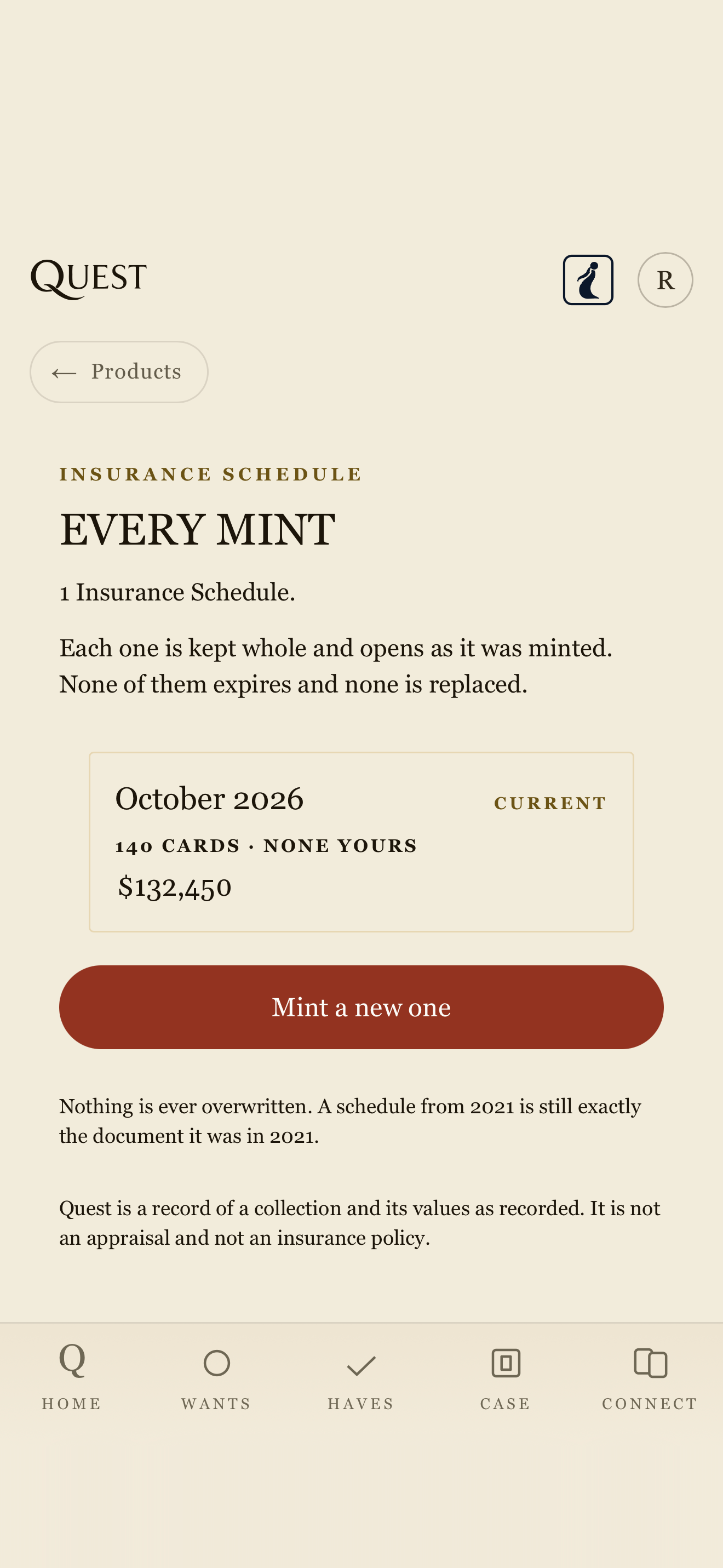 A full phone screenshot of a demo Insurance Schedule in Quest: October 2026, current, 140 cards, with a demo total of $132,450.