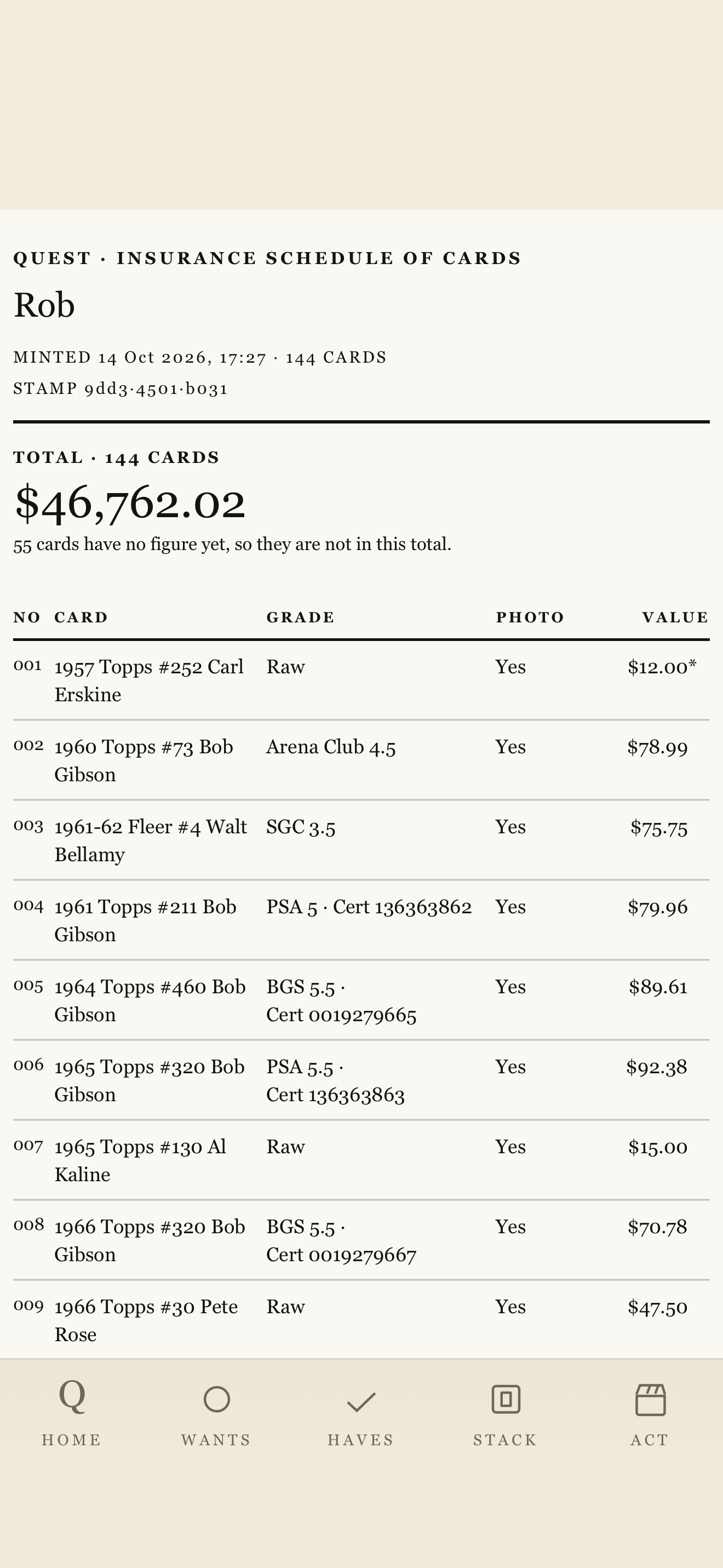 Insurance schedule screen, light: a dated list of your cards and values.
