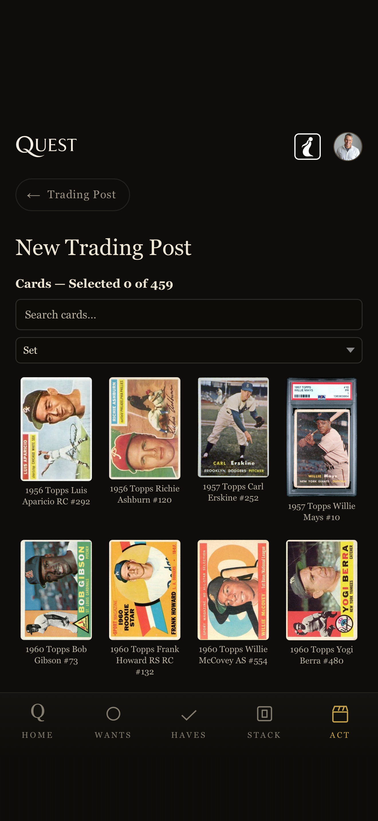 New Trading Post screen, dark: pick the cards to sell from your collection.