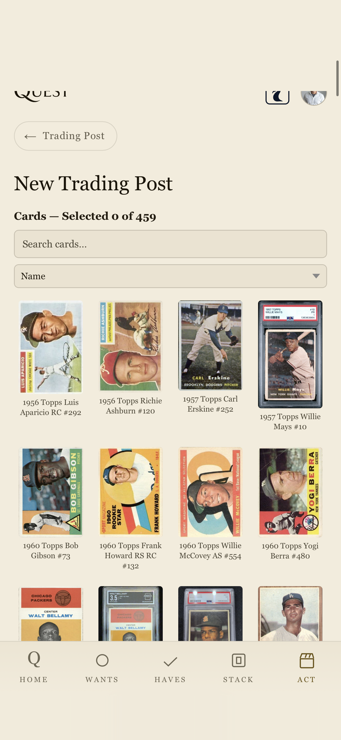 New Trading Post screen, light: pick the cards to sell from your collection.