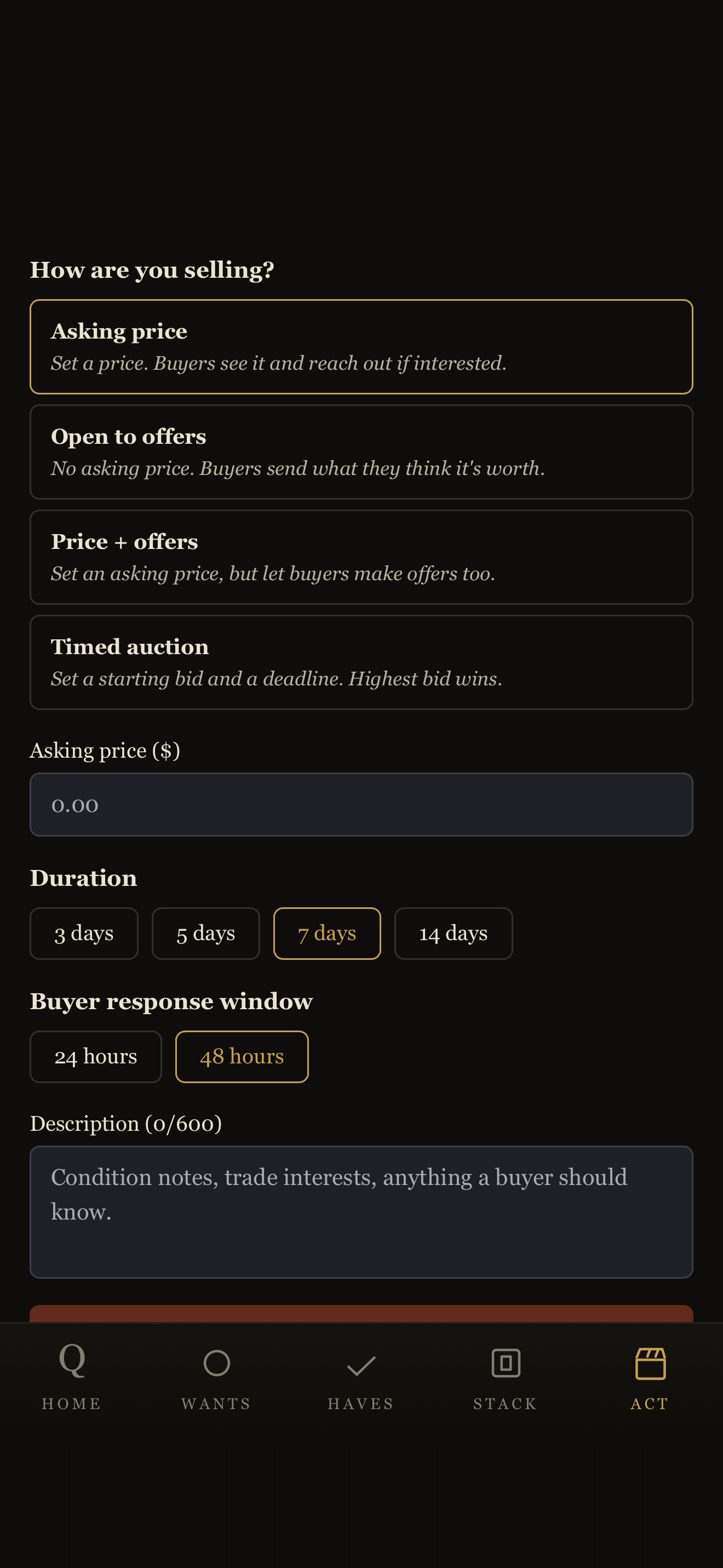 Trading Post selling options, dark: asking price, offers or a timed auction, duration and buyer response window.