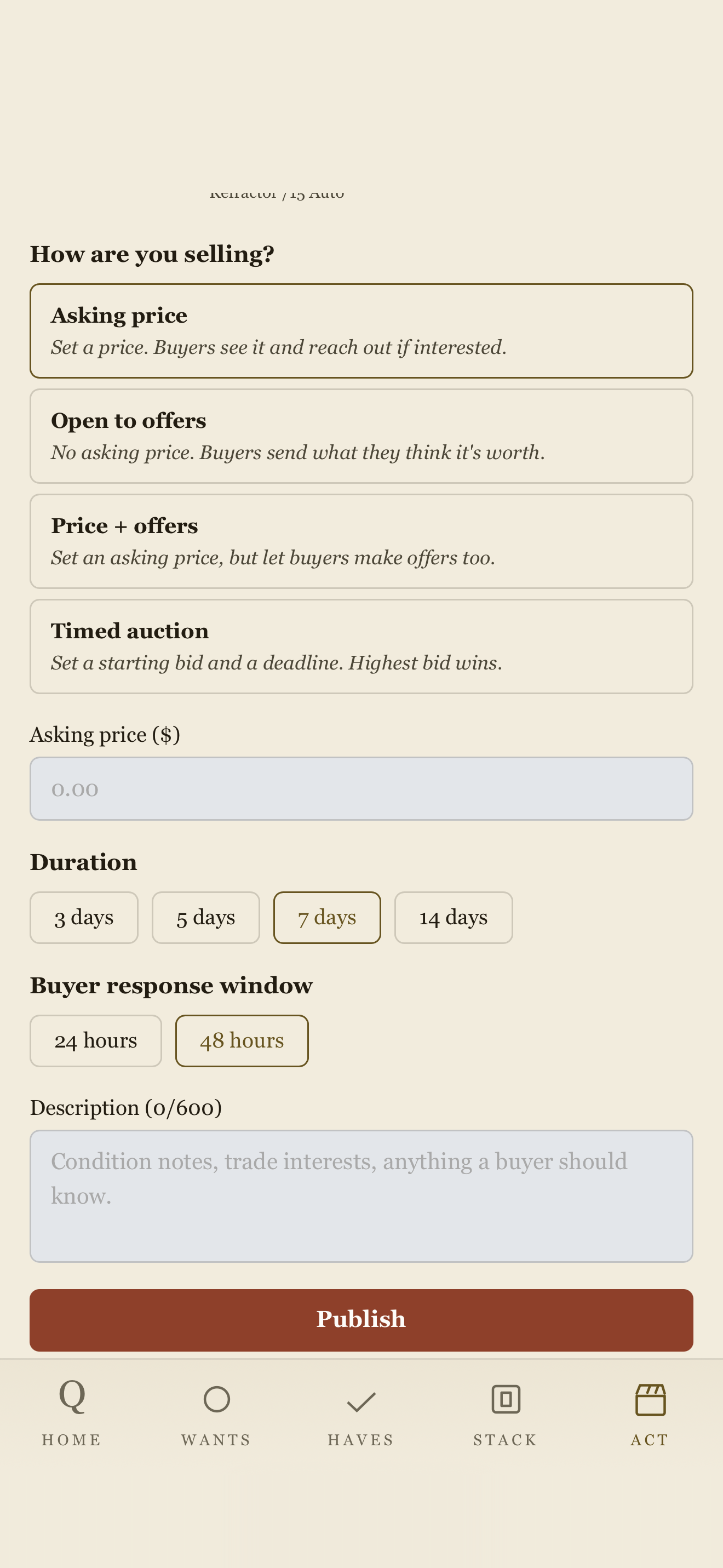 Trading Post selling options, light: asking price, offers or a timed auction, duration and buyer response window.