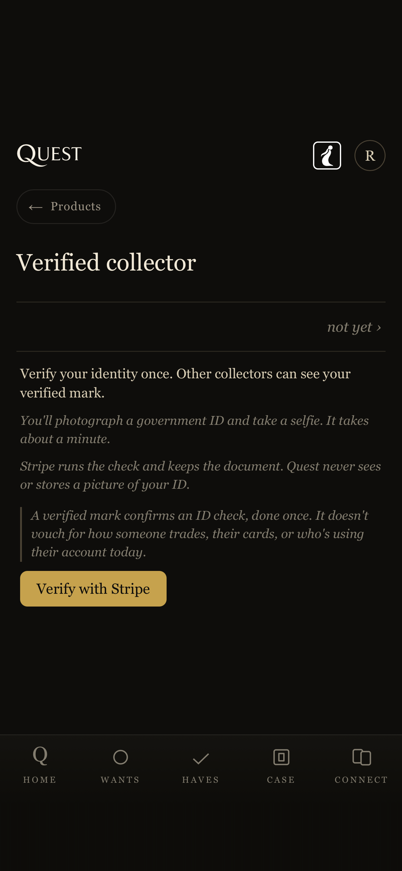 Verified badge screen, dark.