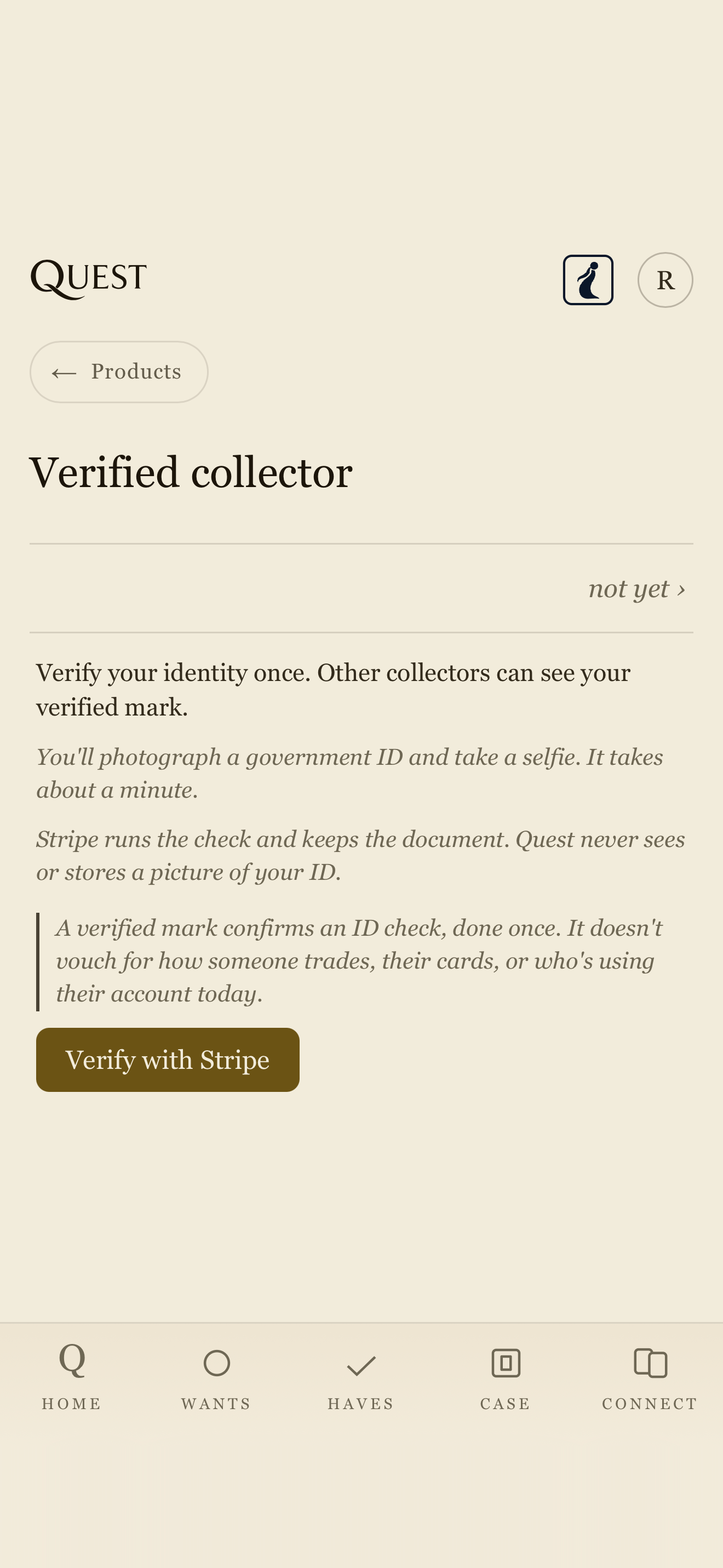Verified badge screen, light: one ID check, done once, that other collectors can see.