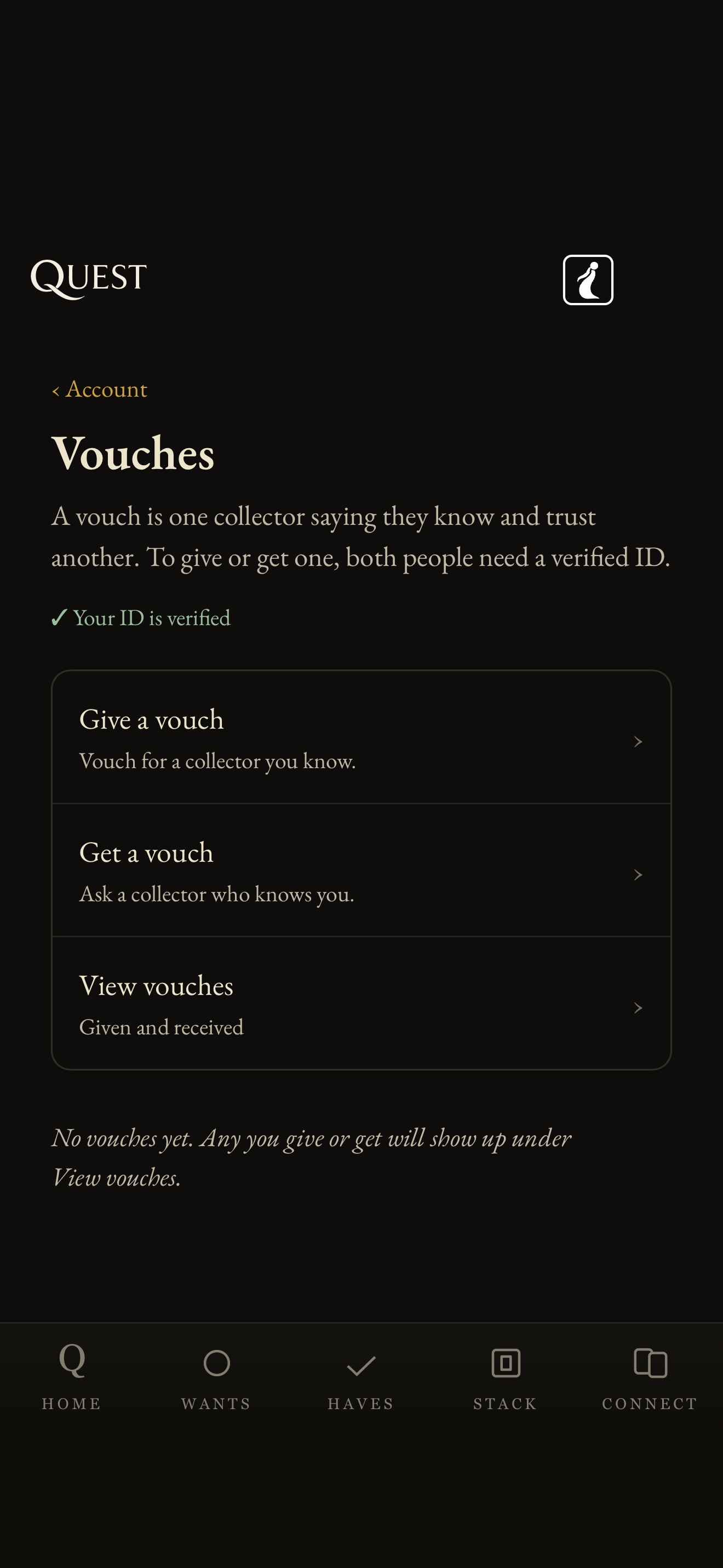 Vouches screen, dark.