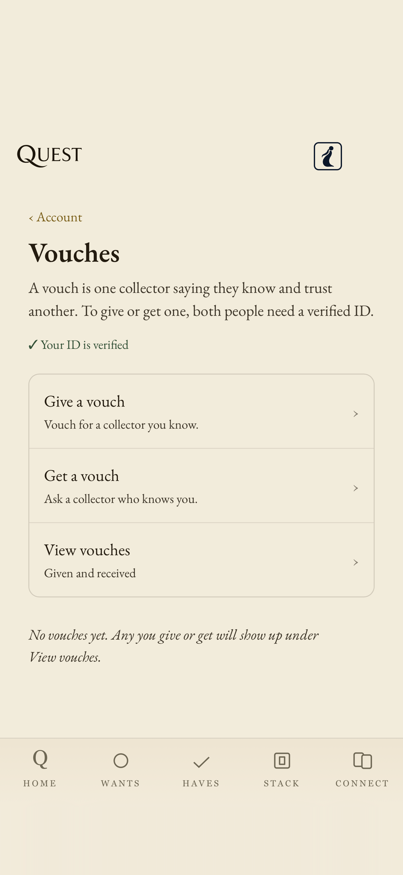 Vouches screen, light: one collector saying they know and trust another.