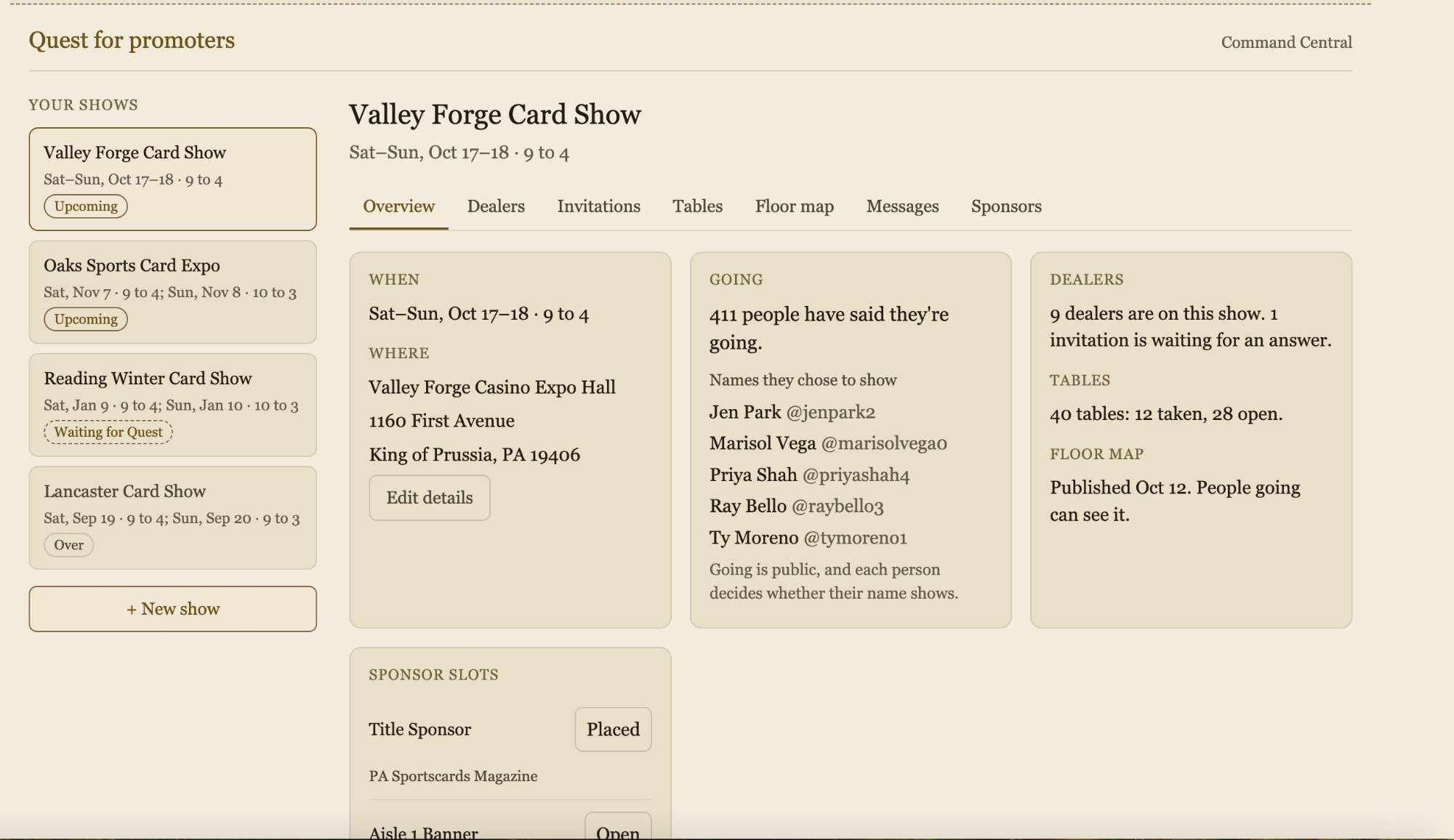 A desktop screenshot of Quest&rsquo;s Promoter Command Central showing the Valley Forge Card Show: your shows, who&rsquo;s going, dealers, tables, floor map, and sponsor slots.