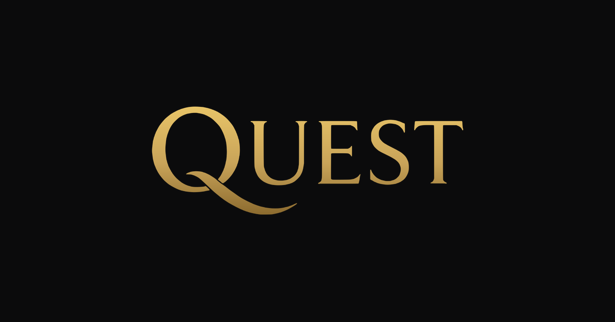 Quest social image: the gold wordmark on black